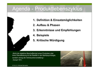 Agenda - Produktlebenszyklus
1. Definition & Einsatzmöglichkeiten
2. Aufbau & Phasen
3. Erkenntnisse und Empfehlungen
4. Beispiele
5. Kritische Würdigung

„Nicht die objektive Beschaffenheit eines Produktes oder
einer Dienstleistung ist die Realität in der Marktpsychologie,
sondern einzig die Verbrauchervorstellung.“
(Spiegel 1961)

© Prof. Dr. Michael Bernecker

27

 
