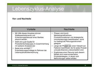 Lebenszyklus-Analyse
Vor- und Nachteile

Vorteile

Nachteile

• Mit Hilfe dieses Ansatzes können
Wettbewerbsdynamik und
Entwicklungspotenzial eines Marktes
erkannt werden
• Stellt eine gute Quelle für
Produktentscheidungen im Zusammenhang
mit weiteren Analysen dar
• Bietet eine wichtige
Entscheidungsgrundlage im Rahmen der
Lebenszykluskostenrechnung

• Phasen sind durch
Marketingmaßnahmen,
Produktinnovationen und strategische
Umorientierungen beeinflussbar, somit
nur bedingt als Planungsinstrument
geeignet
• Länge der Phasen von einer Vielzahl von
Faktoren beeinflusst, die für jedes Produkt
und jede Branche unterschiedlich sind
• Ergebnisse einer Planung nach diesem
Modell sind meist konservative
Produktstrategien, in denen sich
Befürchtungen selbst erfüllen

© Prof. Dr. Michael Bernecker

28

 