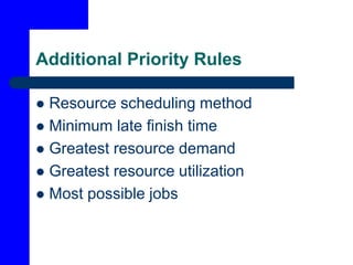 Additional Priority Rules
 Resource scheduling method
 Minimum late finish time
 Greatest resource demand
 Greatest resource utilization
 Most possible jobs
 
