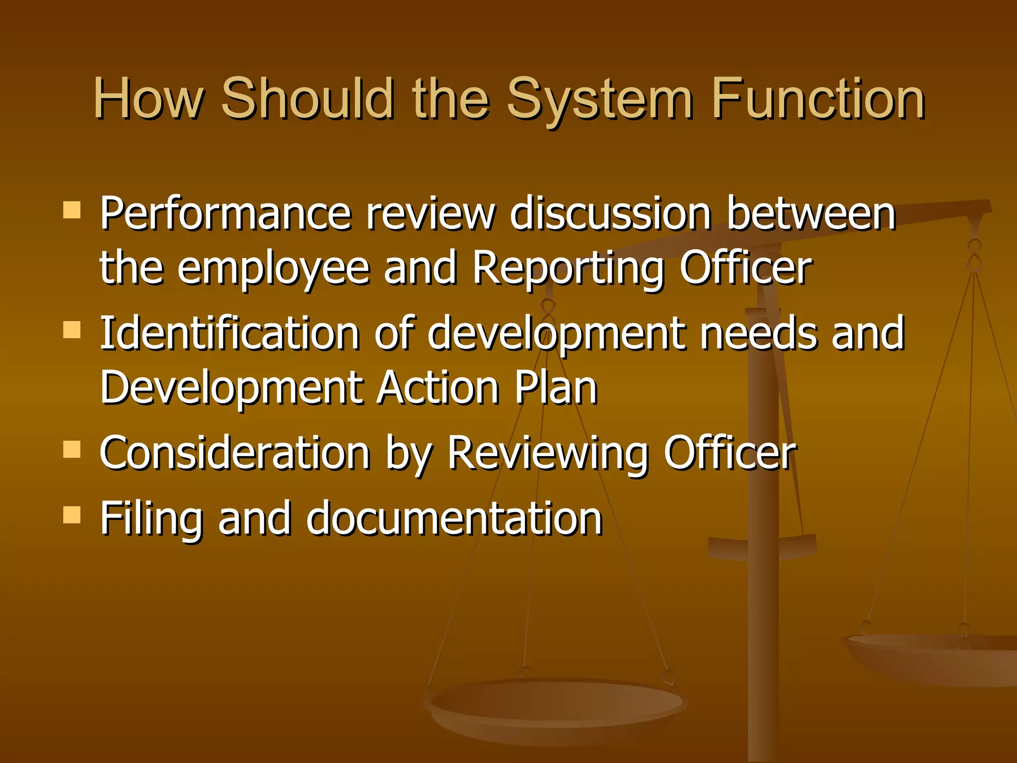 How Should the System Function Performance review discussion between the employee and Reporting Officer Identification of development needs and Development Action Plan Consideration by Reviewing Officer Filing and documentation  