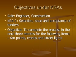 Objectives under KRAs Role: Engineer, Construction  KRA I : Selection, issue and acceptance of tenders Objective: To complete the process in the next three months for the following items – fan points, cranes and street lights 