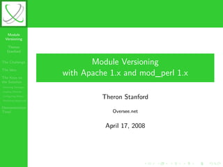 Module
  Versioning

   Theron
   Stanford

The Challenge                 Module Versioning
The Idea

The Keys to
                       with Apache 1.x and mod_perl 1.x
the Solution
Declaring Packages
Loading Modules
Conﬁguring Mason
Modifying httpd.conf
                                 Theron Stanford
Demonstration
Time!                               Oversee.net


                                  April 17, 2008
 