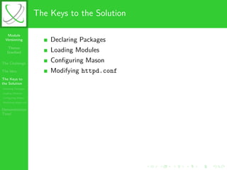 The Keys to the Solution

   Module
  Versioning               Declaring Packages
   Theron
   Stanford                Loa...