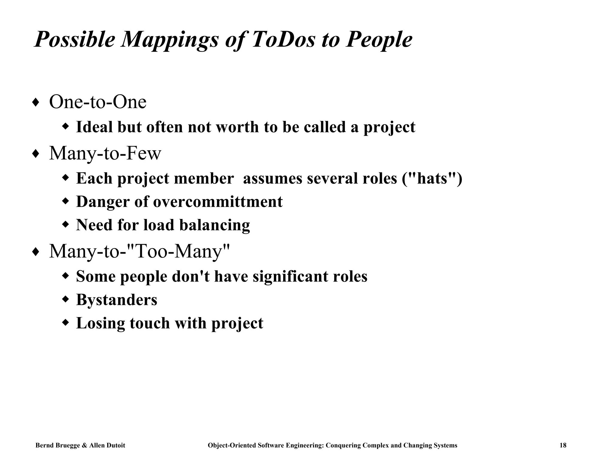 Possible Mappings of ToDos to People One-to-One Ideal but often not worth to be called a project  Many-to-Few  Each project member  assumes several roles ("hats") Danger of overcommittment Need for load balancing Many-to-"Too-Many" Some people don't have significant roles Bystanders Losing touch with project 
