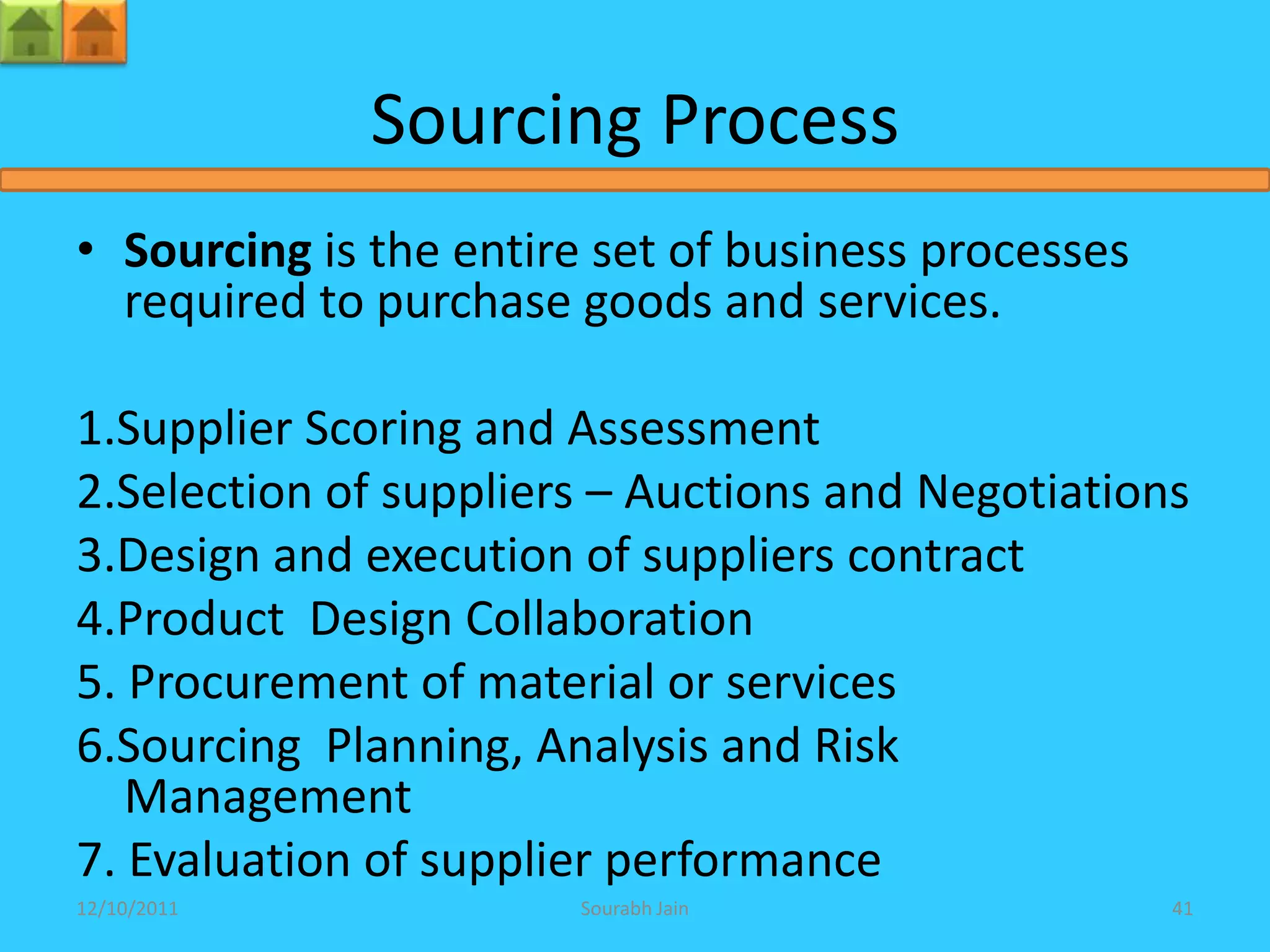 Sourcing Process
• Sourcing is the entire set of business processes
  required to purchase goods and services.

1.Supplier Scoring and Assessment
2.Selection of suppliers – Auctions and Negotiations
3.Design and execution of suppliers contract
4.Product Design Collaboration
5. Procurement of material or services
6.Sourcing Planning, Analysis and Risk
   Management
7. Evaluation of supplier performance
12/10/2011             Sourabh Jain                  41
 