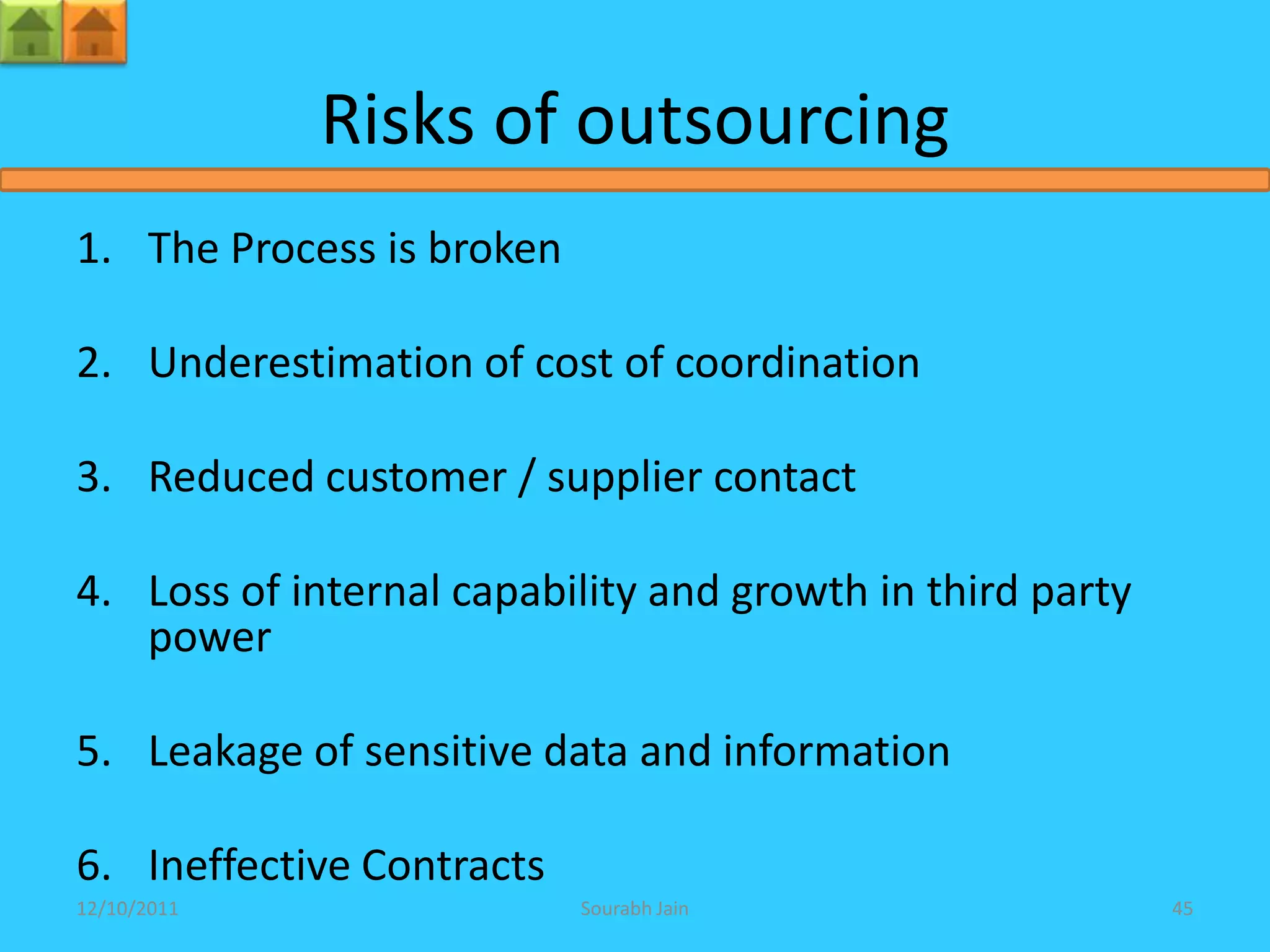 Risks of outsourcing
1. The Process is broken

2. Underestimation of cost of coordination

3. Reduced customer / supplier contact

4. Loss of internal capability and growth in third party
   power

5. Leakage of sensitive data and information

6. Ineffective Contracts
12/10/2011                 Sourabh Jain                    45
 