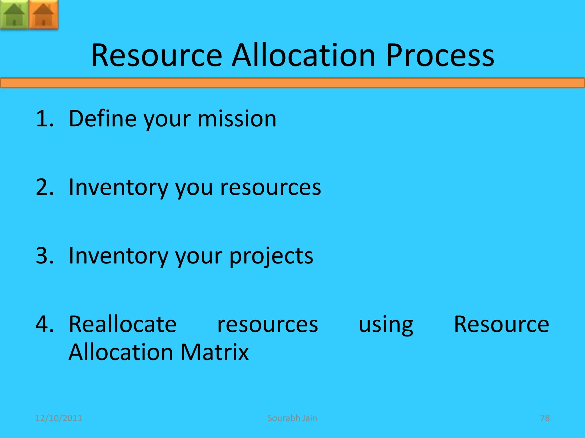 Resource Allocation Process
1. Define your mission

2. Inventory you resources

3. Inventory your projects

4. Reallocate   resources              using   Resource
   Allocation Matrix

12/10/2011              Sourabh Jain                  78
 