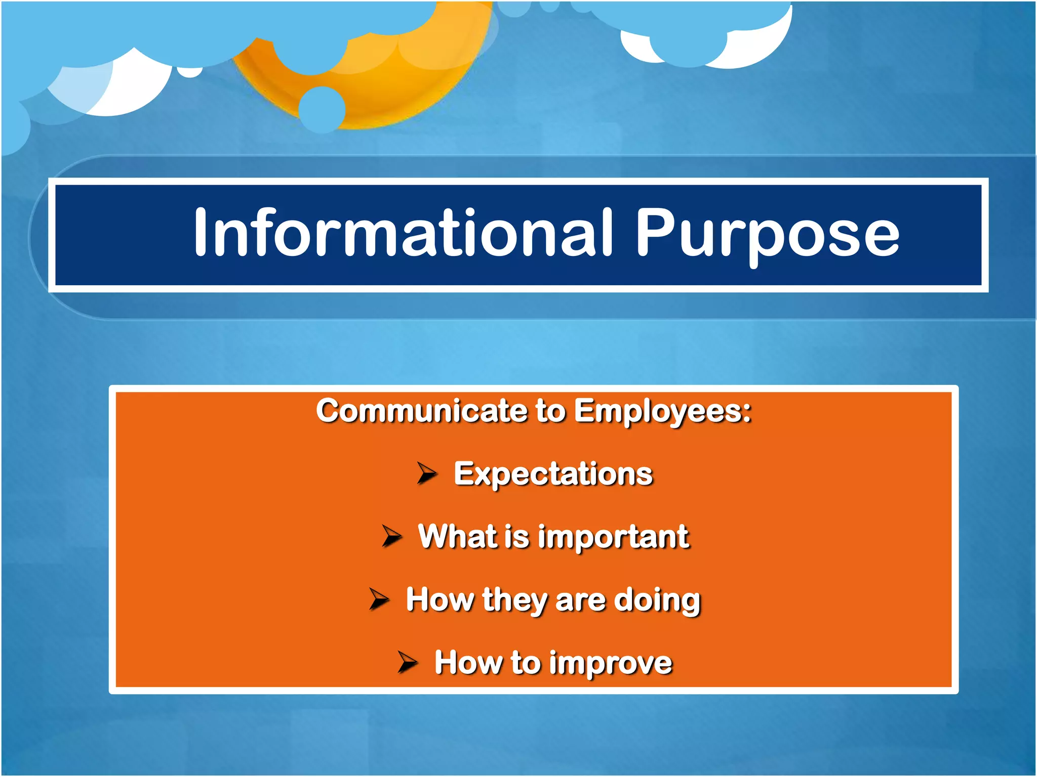 Informational Purpose
Communicate to Employees:
 Expectations
 What is important
 How they are doing
 How to improve

 
