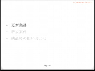 どんな種類の案件があるの？

• 更新業務
• 新規案件
• 納品後の問い合わせ

dmp Inc.

 