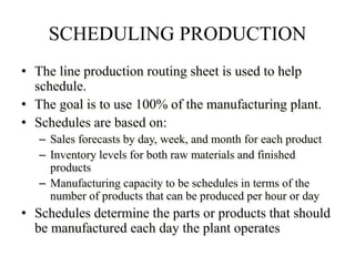 SCHEDULING PRODUCTION
• The line production routing sheet is used to help
schedule.
• The goal is to use 100% of the manufacturing plant.
• Schedules are based on:
– Sales forecasts by day, week, and month for each product
– Inventory levels for both raw materials and finished
products
– Manufacturing capacity to be schedules in terms of the
number of products that can be produced per hour or day
• Schedules determine the parts or products that should
be manufactured each day the plant operates
 