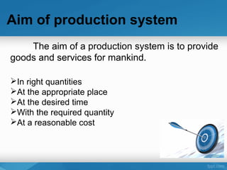 Aim of production system
The aim of a production system is to provide
goods and services for mankind.
In right quantities
At the appropriate place
At the desired time
With the required quantity
At a reasonable cost
 