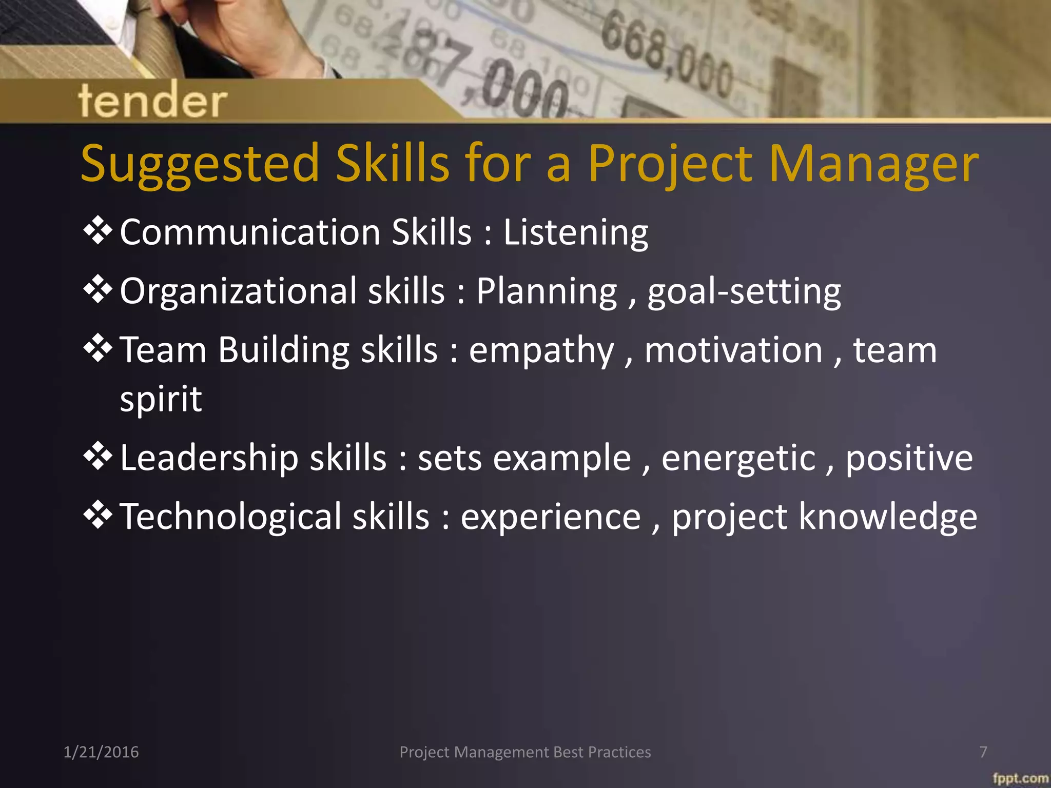 Suggested Skills for a Project Manager
Communication Skills : Listening
Organizational skills : Planning , goal-setting
Team Building skills : empathy , motivation , team
spirit
Leadership skills : sets example , energetic , positive
Technological skills : experience , project knowledge
1/21/2016 Project Management Best Practices 7
 