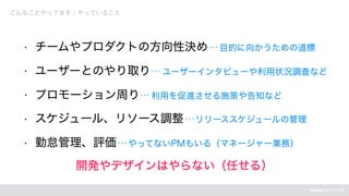 • チームやプロダクトの方向性決め　目的に向かうための道標
• ユーザーとのやり取り　ユーザーインタビューや利用状況調査など
• プロモーション周り　利用を促進させる施策や告知など
• スケジュール、リソース調整　リリーススケジュールの管理
• 勤怠管理、評価　やってないPMもいる（マネージャー業務）
こんなことやってます｜やっていること
開発やデザインはやらない（任せる）
 