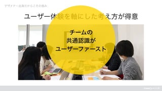 デザイナー出身だからこその強み
ユーザー体験を軸にした考え方が得意
チームの
共通認識が
ユーザーファースト
 