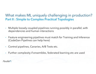 CONFIDENTIALCONFIDENTIAL
What makes ML uniquely challenging in production?
Part II : Simple to Complex Practical Topologies
• Multiple loosely coupled pipelines running possibly in parallel, with
dependencies and human interactions
• Feature engineering pipelines must match for Training and Inference
(CodeGen Pipelines can help here)
• Control pipelines, Canaries, A/B Tests etc.
• Further complexity if ensembles, federated learning etc are used
 