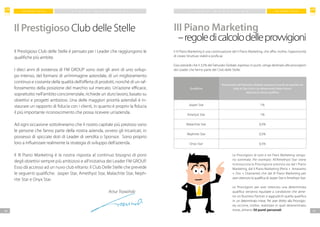 F M G R O U P I TA L I AF M G R O U P I TA L I A
3736
P I A N O M A R K E T I N G P I A N O M A R K E T I N G
Il Prestigioso Club delle Stelle
Il Prestigioso Club delle Stelle è pensato per i Leader che raggiungono le
qualifiche più ambite.
I dieci anni di esistenza di FM GROUP sono stati gli anni di uno svilup-
po intenso, del formarsi di un’immagine aziendale, di un miglioramento
continuo e costante della qualità dell’offerta di prodotti, nonché di un raf-
forzamento della posizione del marchio sul mercato. Un’azione efficace,
soprattutto nell’ambito concorrenziale, richiede un duro lavoro, basato su
obiettivi e progetti ambiziosi. Una delle maggiori priorità aziendali è in-
staurare un rapporto di fiducia con i clienti, in quanto è proprio la fiducia
il più importante riconoscimento che possa ricevere un’azienda.
Ad ogni occasione sottolineiamo che il nostro capitale più prezioso sono
le persone che fanno parte della nostra azienda, ovvero gli Incaricati, in
possesso di spiccate doti di Leader di vendita o Sponsor. Sono proprio
loro a influenzare realmente la strategia di sviluppo dell’azienda.
Il III Piano Marketing è la nostra risposta al continuo bisogno di porsi
degli obiettivi sempre più ambiziosi e all’iniziativa dei Leader FM GROUP.
Esso dà accesso ad un nuvo club elitario: il Club Delle Stelle che prevede
le seguenti qualifiche: Jasper Star, Amethyst Star, Malachite Star, Neph-
rite Star e Onyx Star.
Artur Trawiński
Il III Piano Marketing è una continuazione del II Piano Marketing, che offre, inoltre, l’opportunità
di creare Strutture stabili e proficue
Esso prevede che il 3,5% del Fatturato Globale, espresso in punti, venga destinato alle provvigioni
dei Leader che fanno parte del Club delle Stelle.
Qualifiche
Percentuale del Fatturato Globale espresso in punti da ripartire tra
tutte le Star che in un determinato Mese hanno
ottenuto la stessa qualifica
Jasper Star 1%
Ametyst Star 1%
Malachite Star 0,5%
Nephrite Star 0,5%
Onyx Star 0,5%
Le Provvigioni di tutti e tre Piani Marketing vengo-
no sommate. Per esempio: All’Amethyst Star viene
riconosciuta la Provvigione prevista sia dal I Piano
Marketing, dal II Piano Marketing (Perla + Amaranto
+ Oro + Diamante) che dal III Piano Marketing per
aver ottenuto la qualifica di Jasper Star e Amethyst Star.
Le Provvigioni per aver ottenuto una determinata
qualifica verranno liquidate a condizione che alme-
no un Business Partner si aggiudichi quella qualifica
in un determinato mese. Per aver diritto alla Provvigio-
ne, occorre, inoltre, realizzare in quel detereminato
mese, almeno 50 punti personali
III Piano Marketing
–regoledicalcolodelleprovvigioni
 