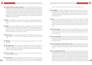 0706
F M G R O U P I TA L I A F M G R O U P I TA L I AP I A N O M A R K E T I N G P I A N O M A R K E T I N G
Livello di efficacia (Livello, qualifica) – misura di efficacia dell’Incaricato in un
determinato mese, determinata in base al fatturato espresso in punti realizza-
to dall’Incaricato stesso e dalla Sua Struttura, definita nel Piano marketing ed
espressa o in percentuale con i seguenti valori 0%, 3%, 6%, 9%, 12%, 15%, 18%,
o in qualifiche Magnolia Oro (21%), Orchidea Perla (Perla), Orchidea Amaranto
(Amaranto), Orchidea Oro (Oro), Orchidea Diamante (Diamante), Jasper Star
(Jasper), Amethyst Star (Amethyst), Malachite Star (Malachite), Nephrite Star
(Nephrite), Onyx Star (Onyx).
Mese – mese solare. Se la data di chiusura cade in un giorno festivo compresi il
sabato e la domenica, la chiusura viene anticipata al giorno lavorativo prece-
dente.
MLM – Multi-Level Marketing, marketing multilivello. Una forma di vendita al
dettaglio al di fuori dell’ambito dei negozi che richiede la presentazione dei
prodotti di persona. Gli Incaricati che operano nel sistema MLM creano le
proprie strutture di vendita, mentre i loro guadagni sono proporzionali alla
quantità, alla qualità e al tipo di lavoro svolto.
Nuove Linee – Linee create da maggio 2013 in poi oppure le Linee che entro il
mese di maggio 2013 non hanno mai raggiunto un livello di efficacia superiore
al 9%.
Orchidea – Orchidea Perla, Orchidea Amaranto, Orchidea Oro o Orchidea
Diamante.
Piano Marketing – insieme di regole indirizzate agli Incaricati. Esso determina
	 fra l’altro le condizioni necessarie per raggiungere i vari livelli di efficacia, le
regole di calcolo dei punti nonché i criteri di quantificazione delle provvigioni
in base al livello di efficacia raggiunto.
Prezzo catalogo – prezzo riservato al Cliente, stabilito da FM GROUP Italia e
comunicato nel Catalogo.
Prezzo Partner – Prezzo Catalogo diminuito di eventuali sconti riservati agli
Incaricati e stabiliti da FM GROUP Italia. Il valore dello sconto applicato sui
Prezzi catalogo viene comunicato ai Distributori sul sito web di FM GROUP
Italia e tramite altri strumenti di comunicazione utilizzati dalle stesse.
Provvigione – compenso spettante all’Incaricato per l’attività svolta e per il
raggiungimento dei Livelli di efficacia (a partire dal 3%) calcolati in conformità
a quanto previsto dal Piano Marketing. A seconda della Filiale FM GROUP, la
provvigione può essere erogata all’Incaricato tramite accredito su conto corren-
te bancario/postale.
Punti – punti accreditati all’Incaricato per l’acquisto di Prodotti FM GROUP
effettuato dallo stesso in un determinato mese. I Punti si azzerano il primo
giorno di ogni mese. FM GROUP Italia è tenuta a mettere a disposizione degli
Incaricati l’elenco dei prodotti FM GROUP con il rispettivo valore espresso in
punti, in modo che esso possa essere facilmente consultabile all’atto dell’or-
dine.
Punti accumulati – somma di Punti di Gruppo Personale, Punti convenzionali
e, nel caso delle Orchidee Perle e dei Livelli previsti dal Club delle Stelle, anche
Punti liberi. I punti accumulati vengono calcolati separatamente per ciascun
Livello di efficacia.
Punti convenzionali – punti virtuali accreditati per gli Incaricati presenti nelle
Tue Linee che hanno raggiunto almeno la qualifica di Orchidea Perla o per un
determinato numero di Linee, dove sono presenti Incaricati che vantano almeno
la qualifica del 21%.
Punti di Gruppo (Fatturato espresso in Punti) – insieme di tutti i punti personali
di tutti gli Incaricati di una struttura e dei punti personali dello Sponsor. I Punti
di Gruppo qualificano l’Incaricato ad un determinato livello di efficacia (dal 3% al
21%).
Punti di Gruppo Personale – Punti di Gruppo dell’Incaricato alle Vendite
Business Partner che fa parte della Linea di quell’Incaricato per il quale vengo-
no calcolati i Punti accumulati diminuiti dei Punti di Gruppo degli Incaricati più
vicini allo stesso che vantano una delle qualifiche previste dal Club Orchidea o
quello delle Stelle. Nel caso in cui in nessuna delle linee sia presente una delle
qualifiche sopra menzionate, vengono presi in considerazione per il calcolo dei
punti accumulati tutti i Punti di Gruppo dell’Incaricato indicato. I punti di Grup-
po Personale vengono calcolati separatamente in ciascuna delle Linee. I Punti
 
