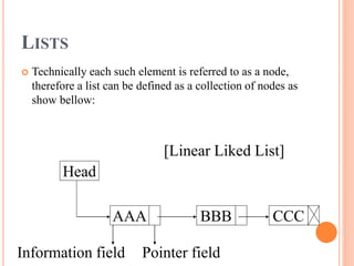 LISTS
 Technically each such element is referred to as a node,
therefore a list can be defined as a collection of nodes as
show bellow:
Head
AAA BBB CCC
Information field Pointer field
[Linear Liked List]
 