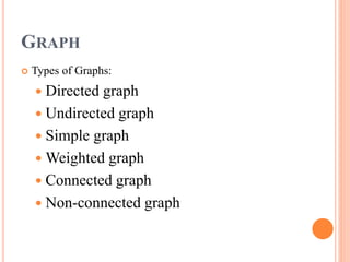 GRAPH
 Types of Graphs:
 Directed graph
 Undirected graph
 Simple graph
 Weighted graph
 Connected graph
 Non-connected graph
 