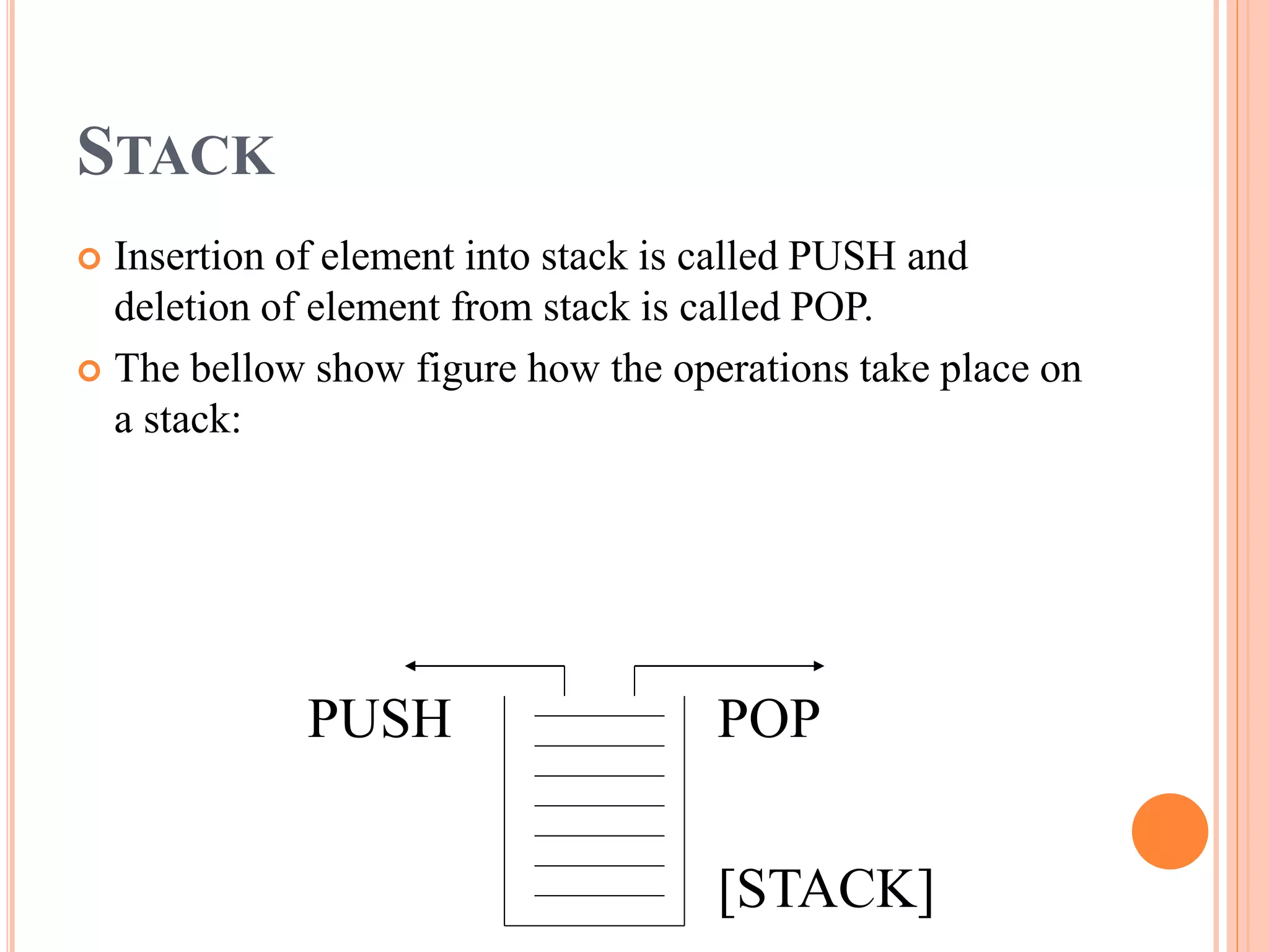 STACK
 Insertion of element into stack is called PUSH and
deletion of element from stack is called POP.
 The bellow show figure how the operations take place on
a stack:
PUSH POP
[STACK]
 