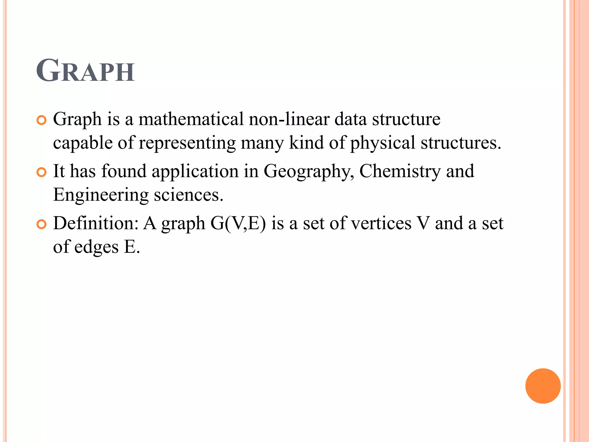 GRAPH
 Graph is a mathematical non-linear data structure
capable of representing many kind of physical structures.
 It has found application in Geography, Chemistry and
Engineering sciences.
 Definition: A graph G(V,E) is a set of vertices V and a set
of edges E.
 