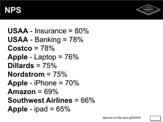 NPS 
USAA - Insurance = 80% 
USAA - Banking = 78% 
Costco = 78% 
Apple - Laptop = 76% 
Dillards = 75% 
Nordstrom = 75% 
Apple - iPhone = 70% 
Amazon = 69% 
Southwest Airlines = 66% 
Apple - ipad = 65% 
Данные из http://goo.gl/ZsXih9 
 