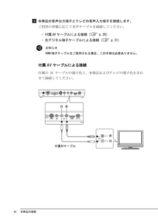本商品の音声出力端子とテレビの音声入力端子を接続します。
              ご利用の形態に応じて音声ケーブルを接続してください。

              - 付属 AV ケーブルによる接続（   p.30）
              - 光デジタル端子ケーブルによる接続（          p.31）

                お知らせ
                HDMI端子ケーブルをご使用される場合、この手順は必要ありません。



              付属 AV ケーブルによる接続

              付属の AV ケーブルの端子色と、本商品およびテレビの端子色を合わ
              せて接続してください。




30   本商品の接続
 