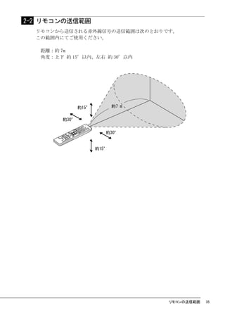 2-2 リモコンの送信範囲
  リモコンから送信される赤外線信号の送信範囲は次のとおりです。
  この範囲内にてご使用ください。

   距離：約 7m
   角度：上下 約 15°以内、左右 約 30°以内




                              リモコンの送信範囲   35
 