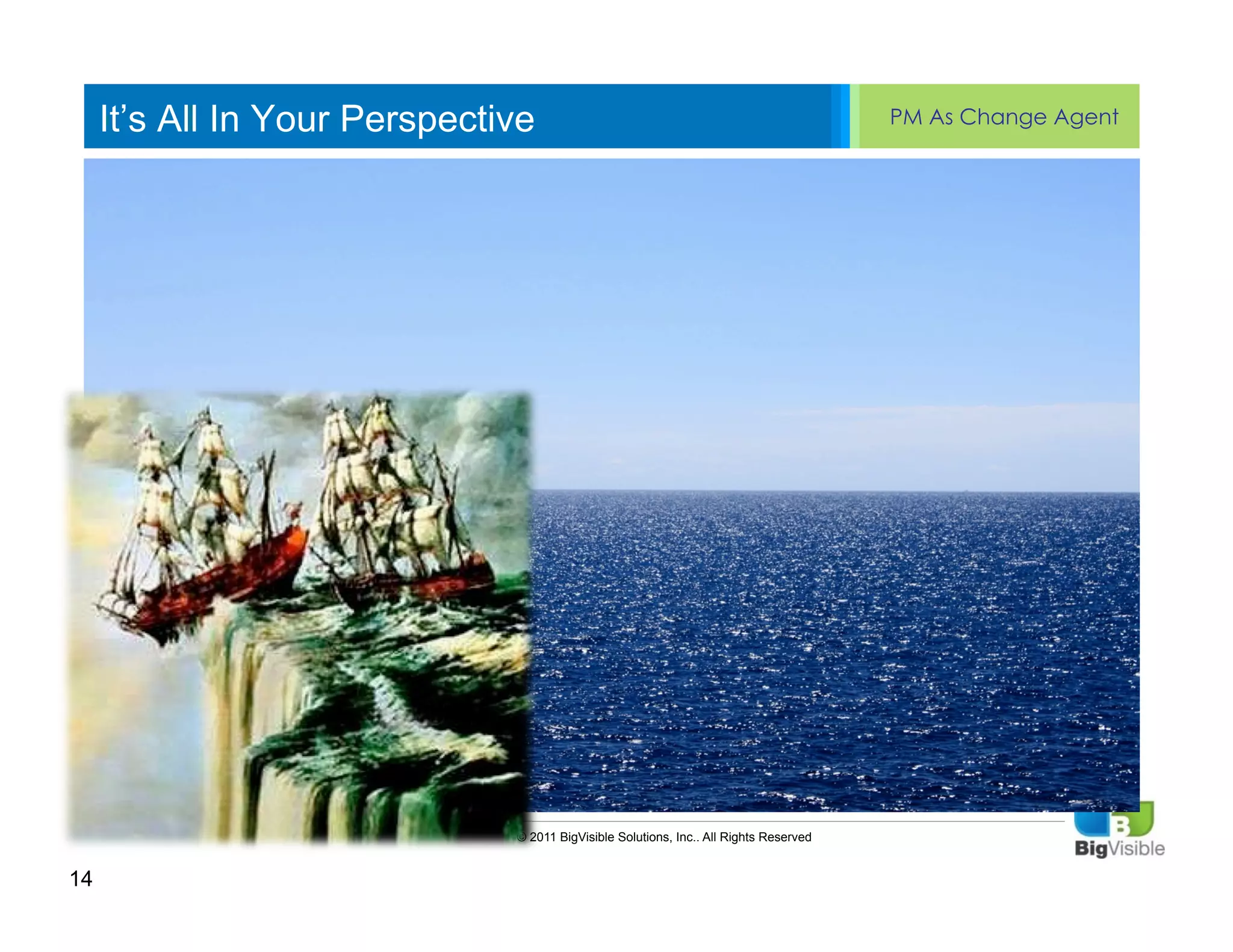 It’s All In Your Perspective                                                       PM As Change Agent


     Click to edit Master text styles
     ____ __ ____ _____ ____ ______
     Second_____
     _____ level
     Third level
     ____ _____
     Fourth level
     _____ _____
     Fifth level
     ____ _____




                               © 2011 BigVisible Solutions, Inc.. All Rights Reserved


14
 