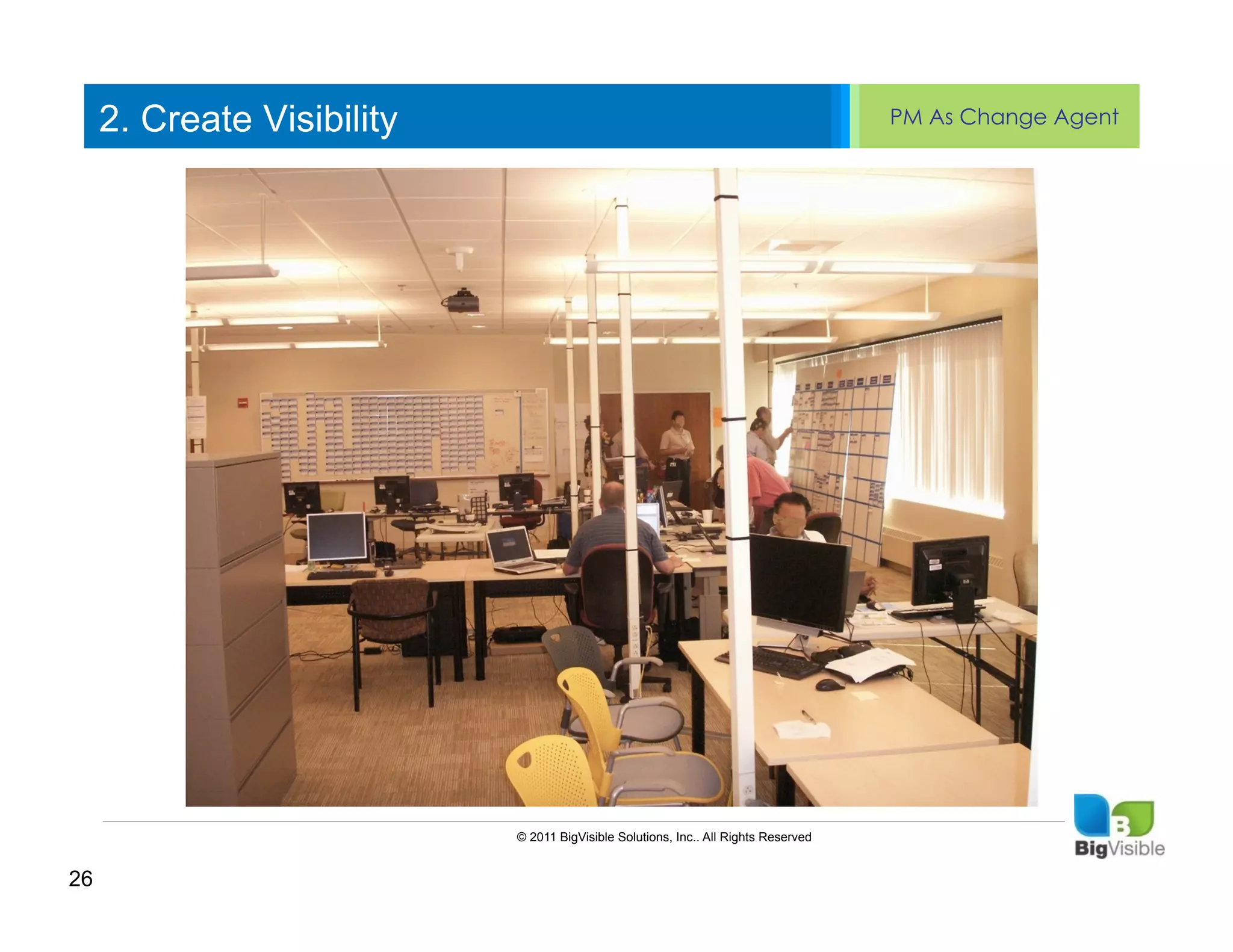 2. Create Visibility                                                            PM As Change Agent


      Click to edit Master text styles
      ____ __ ____ _____ ____ ______
      Second_____
      _____ level
      Third level
      ____ _____
      Fourth level
      _____ _____
      Fifth level
      ____ _____




                            © 2011 BigVisible Solutions, Inc.. All Rights Reserved


26
 