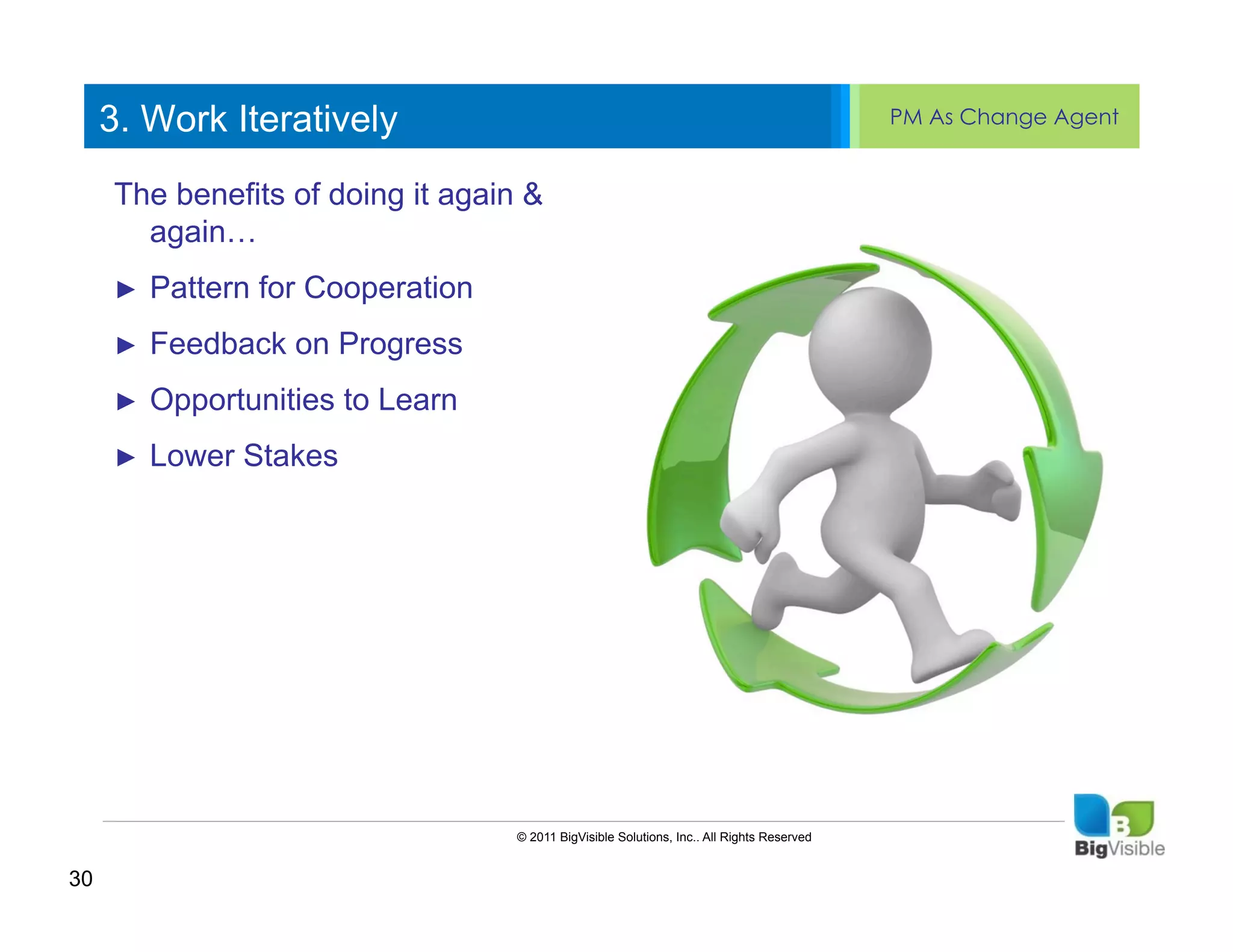 3. Work Iteratively                                                                    PM As Change Agent


     The benefits ofMaster againstyles
     Click to edit doing it text & ______
      ____ __ ____ _____ ____
       again…
     Second_____
      _____ level
     Third level
     ____ _____
     ►  Pattern for Cooperation
     Fourth level Progress
     _____ _____
     ►  Feedback on
     Fifth level
     ____ _____
     ►    Opportunities to Learn
     ►    Lower Stakes




                                   © 2011 BigVisible Solutions, Inc.. All Rights Reserved


30
 