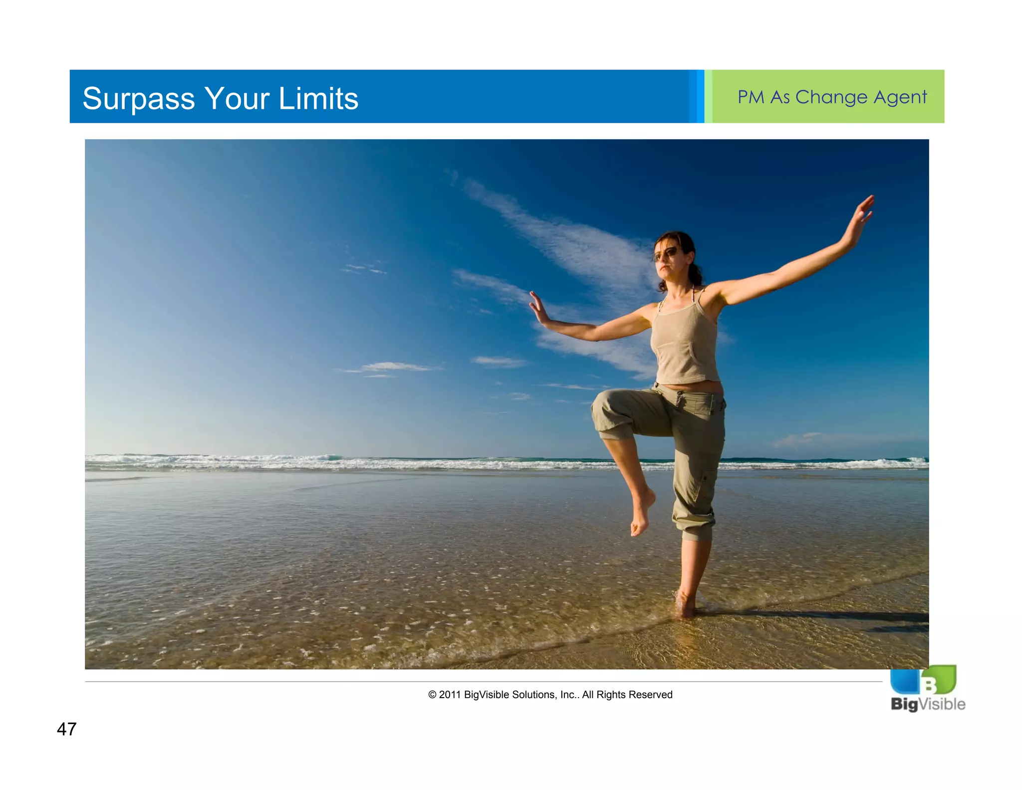 Surpass Your Limits                                                            PM As Change Agent


     Click to edit Master text styles
     ____ __ ____ _____ ____ ______
     Second_____
     _____ level
     Third level
     ____ _____
     Fourth level
     _____ _____
     Fifth level
     ____ _____




                           © 2011 BigVisible Solutions, Inc.. All Rights Reserved


47
 