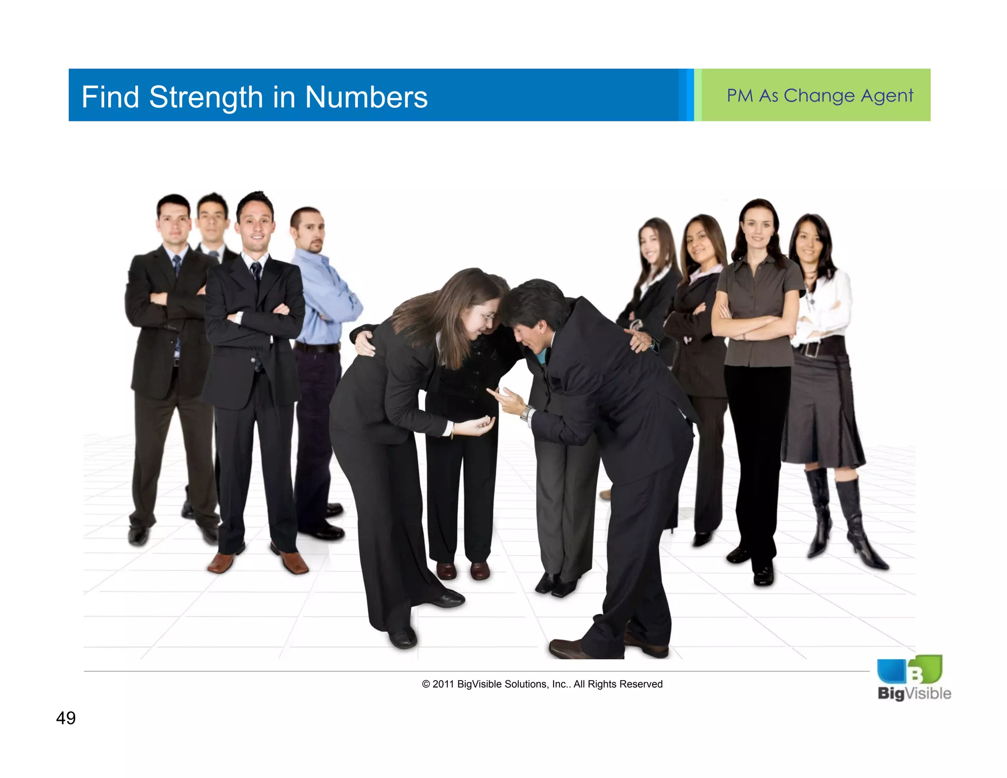 Find Strength in Numbers                                                        PM As Change Agent


     Click to edit Master text styles
     ____ __ ____ _____ ____ ______
     Second_____
     _____ level
     Third level
     ____ _____
     Fourth level
     _____ _____
     Fifth level
     ____ _____




                            © 2011 BigVisible Solutions, Inc.. All Rights Reserved


49
 