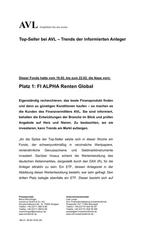 AVL                  Empfehlen Sie uns weiter.



Top-Seller bei AVL – Trends der informierten Anleger




Dieser Fonds hatte vom 16.02. bis zum 22.02. die Nase vorn:

Platz 1: FI ALPHA Renten Global

Eigenständig recherchieren, das beste Finanzprodukt finden
und dann zu günstigen Konditionen kaufen – so machen es
die Kunden des Finanzvermittlers AVL. Sie sind informiert,
behalten die Entwicklungen der Branche im Blick und prüfen
Angebote auf Herz und Nieren. Zu beobachten, wo sie
investieren, kann Trends am Markt aufzeigen.


„An die Spitze der Top-Seller setzte sich in dieser Woche ein
Fonds, der schwerpunktmäßig in verzinsliche Wertpapiere,
rentenähnliche             Genussscheine         und       Geldmarktinstrumente
investiert. Darüber hinaus scheint die Wertentwicklung des
deutschen Aktienmarktes, dargestellt durch den DAX (R), für die
Anleger attraktiv zu sein: Ein ETF, dessen Anlageziel in der
Abbildung dieser Wertentwicklung besteht, war sehr gefragt. Den
dritten Platz belegte ebenfalls ein ETF. Dieser bezieht sich auf




Pressekontakt                               Unternehmenskontakt
Bernd Münchinger                            Uwe Lange
echolot pr GmbH & Co. KG                    AVL Finanzdienstleistung Investmentfonds
Schulze-Delitzsch-Str. 16 70565 Stuttgart   Poststraße 15/1 71384 Weinstadt
Telefon: +49 (0)711 99014-80                Telefon: +49 (0)7151 604 59 30*
Telefax: +49 (0)711 99014-89                Telefax: +49 (0)7151 604 59 399
muenchinger@echolot-pr.de                   presse@avl-investmentfonds.de
www.echolot-pr.de                           www.avl-investmentfonds.de

*Mo-Fr. 08:00-18:00 Uhr.
 