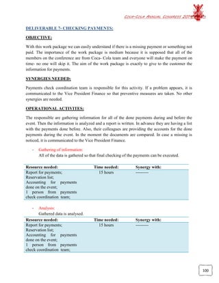 COCA-COLA ANNUAL CONGRESS 2014
100
DELIVERABLE 7- CHECKING PAYMENTS:
OBJECTIVE:
With this work package we can easily understand if there is a missing payment or something not
paid. The importance of the work package is medium because it is supposed that all of the
members on the conference are from Coca- Cola team and everyone will make the payment on
time- no one will skip it. The aim of the work package is exactly to give to the customer the
information for payments.
SYNERGIES NEEDED:
Payments check coordination team is responsible for this activity. If a problem appears, it is
communicated to the Vice President Finance so that preventive measures are taken. No other
synergies are needed.
OPERATIONAL ACTIVITES:
The responsible are gathering information for all of the done payments during and before the
event. Then the information is analyzed and a report is written. In advance they are having a list
with the payments done before. Also, their colleagues are providing the accounts for the done
payments during the event. In the moment the documents are compared. In case a missing is
noticed, it is communicated to the Vice President Finance.
- Gathering of information:
All of the data is gathered so that final checking of the payments can be executed.
Resource needed: Time needed: Synergy with:
Report for payments;
Reservation list;
Accounting for payments
done on the event;
1 person from payments
check coordination team;
15 hours ---------
- Analysis:
Gathered data is analysed.
Resource needed: Time needed: Synergy with:
Report for payments;
Reservation list;
Accounting for payments
done on the event;
1 person from payments
check coordination team;
15 hours ---------
 