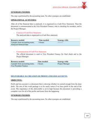 COCA-COLA ANNUAL CONGRESS 2014
103
SYNERGIES NEEDED:
The step is performed by the accounting team. No other synergies are established.
OPERATIONAL ACTIVITIES:
After all of the financial data is analyzed, it is organized in a Cash Flow Statement. Then the
document is communicated to the Vice President Finance, who is checking for mistakes, and to
the Project Manager.
- Creation of Cash Flow Statement:
The analysed data is organized in a Cash flow statement.
Resource needed: Time needed: Synergy with:
3 people from accounting team;
Analyzed financial data
6 hours ---------
- Communication of Cash Flow Statement:
The official document is send to Vice President Finance for final check and to the
Project Manager.
Resource needed: Time needed: Synergy with:
2 people from accounting team;
Vice President Finance
2 hours Project Manager
DELIVERABLE 10- CREATION OF PROFIT AND LOSS ACCOUNT:
OBJECTIVE:
Profit and loss account is a document that is showing whether we earned enough from the done
deals. The aim of this work package is to be easily notice if we have profit in the end of the
event. The importance of this deliverable is set to high because this document is providing a
complete view for all of the profits and losses from the happening.
SYNERGIES NEEDED:
The step is performed by the accounting team. No other synergies are established.
 