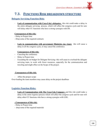 COCA-COLA ANNUAL CONGRESS 2014
108
7.3. FUNCTIONS RISK BREAKDOWN STRUCTURE
Delegate Servicing Function Risk:
- Lack of communication with Coca-Cola`s delegates: this risk could make a delay in
the entire delegate servicing process, which will affect the congress cycle and for sure
will delay other CC functions who have a strong synergies with DS.
Consequences of this risk:
- Delay in Project time
- Drop some of the required contracts
- Lack in communication with government Ministries (no visas): this will cause a
delay in all the congress cycle, or may cancel the conference.
Consequences of this risk:
- Canceling the conference
- Delay in Project time
- Exceeding the set budget for Delegate Servicing- this will cause to overload the delegate
servicing team, to work with fewer resources, especially for the communication and
traveling and might effect on the Scope of the project.
Consequences of this risk:
- Affect the project scope
Over-loading the team members may cause delay on the project deadlines
Logistics Function Risks:
- Lack of Communication with The Coca-Cola Company: and this risk could make a
delay in the entire logistics process which will affect the congress cycle and for sure will
delay other CC functions who have a strong synergies with LOG.
- Consequences of this risk:
- Delay in Project time
- drop some of the required materials
 