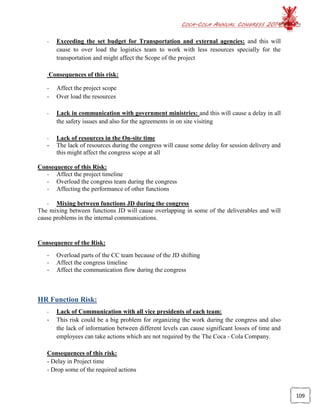 COCA-COLA ANNUAL CONGRESS 2014
109
- Exceeding the set budget for Transportation and external agencies: and this will
cause to over load the logistics team to work with less resources specially for the
transportation and might affect the Scope of the project
Consequences of this risk:
- Affect the project scope
- Over load the resources
- Lack in communication with government ministries: and this will cause a delay in all
the safety issues and also for the agreements in on site visiting
- Lack of resources in the On-site time
- The lack of resources during the congress will cause some delay for session delivery and
this might affect the congress scope at all
Consequence of this Risk:
- Affect the project timeline
- Overload the congress team during the congress
- Affecting the performance of other functions
- Mixing between functions JD during the congress
The mixing between functions JD will cause overlapping in some of the deliverables and will
cause problems in the internal communications.
Consequence of the Risk:
- Overload parts of the CC team because of the JD shifting
- Affect the congress timeline
- Affect the communication flow during the congress
HR Function Risk:
- Lack of Communication with all vice presidents of each team:
- This risk could be a big problem for organizing the work during the congress and also
the lack of information between different levels can cause significant losses of time and
employees can take actions which are not required by the The Coca - Cola Company.
Consequences of this risk:
- Delay in Project time
- Drop some of the required actions
 