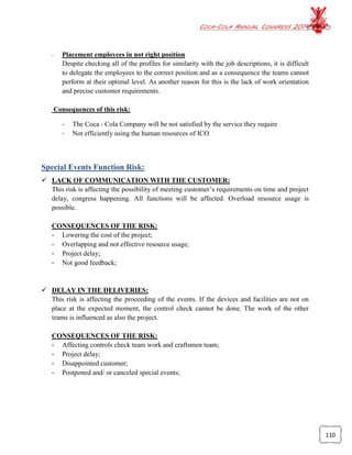 COCA-COLA ANNUAL CONGRESS 2014
110
- Placement employees in not right position
Despite checking all of the profiles for similarity with the job descriptions, it is difficult
to delegate the employees to the correct position and as a consequence the teams cannot
perform at their optimal level. As another reason for this is the lack of work orientation
and precise customer requirements.
Consequences of this risk:
- The Coca - Cola Company will be not satisfied by the service they require
- Not efficiently using the human resources of ICO
Special Events Function Risk:
 LACK OF COMMUNICATION WITH THE CUSTOMER:
This risk is affecting the possibility of meeting customer’s requirements on time and project
delay, congress happening. All functions will be affected. Overload resource usage is
possible.
CONSEQUENCES OF THE RISK:
- Lowering the cost of the project;
- Overlapping and not effective resource usage;
- Project delay;
- Not good feedback;
 DELAY IN THE DELIVERIES:
This risk is affecting the proceeding of the events. If the devices and facilities are not on
place at the expected moment, the control check cannot be done. The work of the other
teams is influenced as also the project.
CONSEQUENCES OF THE RISK:
- Affecting controls check team work and craftsmen team;
- Project delay;
- Disappointed customer;
- Postponed and/ or canceled special events;
 
