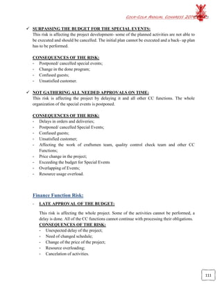 COCA-COLA ANNUAL CONGRESS 2014
111
 SURPASSING THE BUDGET FOR THE SPECIAL EVENTS:
This risk is affecting the project development- some of the planned activities are not able to
be executed and should be cancelled. The initial plan cannot be executed and a back- up plan
has to be performed.
CONSEQUENCES OF THE RISK:
- Postponed/ cancelled special events;
- Change in the done program;
- Confused guests;
- Unsatisfied customer.
 NOT GATHERING ALL NEEDED APPROVALS ON TIME:
This risk is affecting the project by delaying it and all other CC functions. The whole
organization of the special events is postponed.
CONSEQUENCES OF THE RISK:
- Delays in orders and deliveries;
- Postponed/ cancelled Special Events;
- Confused guests;
- Unsatisfied customer;
- Affecting the work of craftsmen team, quality control check team and other CC
Functions;
- Price change in the project;
- Exceeding the budget for Special Events
- Overlapping of Events;
- Resource usage overload.
Finance Function Risk:
- LATE APPROVAL OF THE BUDGET:
This risk is affecting the whole project. Some of the activities cannot be performed, a
delay is done. All of the CC functions cannot continue with processing their obligations.
CONSEQUENCES OF THE RISK:
- Unexpected delay of the project;
- Need of changed schedule;
- Change of the price of the project;
- Resource overloading;
- Cancelation of activities.
 