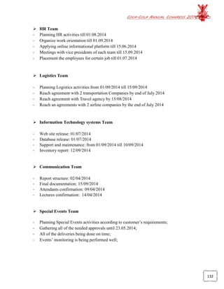 COCA-COLA ANNUAL CONGRESS 2014
132
 HR Team
- Planning HR activities till 01.08.2014
- Organize work orientation till 01.09.2014
- Applying online informational platform till 15.06.2014
- Meetings with vice presidents of each team till 15.09.2014
- Placement the employees for certain job till 01.07.2014
 Logistics Team
- Planning Logistics activities from 01/09/2014 till 15/09/2014
- Reach agreement with 2 transportation Companies by end of July 2014
- Reach agreement with Travel agency by 15/08/2014
- Reach an agreements with 2 airline companies by the end of July 2014
 Information Technology systems Team
- Web site release: 01/07/2014
- Database release: 01/07/2014
- Support and maintenance: from 01/09/2014 till 10/09/2014
- Inventory report: 12/09/2014
 Communication Team
- Report structure: 02/04/2014
- Final documentation: 15/09/2014
- Attendants confirmation: 09/04/2014
- Lectures confirmation: 14/04/2014
 Special Events Team
- Planning Special Events activities according to customer’s requirements;
- Gathering all of the needed approvals until 23.05.2014;
- All of the deliveries being done on time;
- Events’ monitoring is being performed well;
 