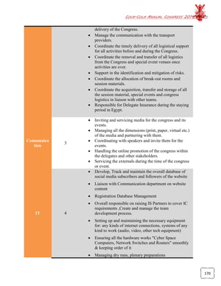 COCA-COLA ANNUAL CONGRESS 2014
170
delivery of the Congress.
 Manage the communication with the transport
providers.
 Coordinate the timely delivery of all logistical support
for all activities before and during the Congress.
 Coordinate the removal and transfer of all logistics
from the Congress and special event venues once
activities are over.
 Support in the identification and mitigation of risks.
 Coordinate the allocation of break-out rooms and
session materials.
 Coordinate the acquisition, transfer and storage of all
the session material, special events and congress
logistics in liaison with other teams.
 Responsible for Delegate Insurance during the staying
period in Egypt.
Communica
tion
3
 Inviting and servicing media for the congress and its
events.
 Managing all the dimensions (print, paper, virtual etc.)
of the media and partnering with them.
 Coordinating with speakers and invite them for the
events.
 Handling the online promotion of the congress within
the delegates and other stakeholders.
 Servicing the externals during the time of the congress
or event.
IT 4
 Develop, Track and maintain the overall database of
social media subscribers and followers of the website
 Liaison with Communication department on website
content
 Registration Database Management
 Overall responsible on raising IS Partners to cover IC
requirements ,Create and manage the team
development process.
 Setting up and maintaining the necessary equipment
for: any kinds of internet connections, systems of any
kind to work (audio, video, other tech equipment)
 Ensuring all the hardware works "Cyber Space
Computers, Network Switches and Routers" smoothly
& keeping order of it
 Managing dry runs, plenary preparations
 