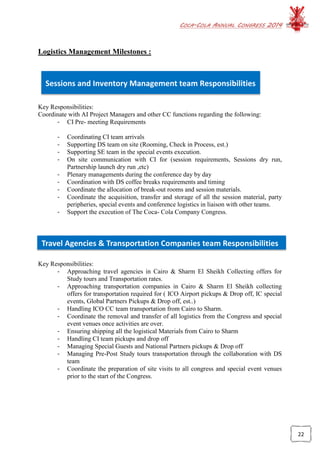 COCA-COLA ANNUAL CONGRESS 2014
22
Travel Agencies & Transportation Companies team Responsibilities
Logistics Management Milestones :
Sessions and Inventory Management team Responsibilities
Key Responsibilities:
Coordinate with AI Project Managers and other CC functions regarding the following:
- CI Pre- meeting Requirements
- Coordinating CI team arrivals
- Supporting DS team on site (Rooming, Check in Process, est.)
- Supporting SE team in the special events execution.
- On site communication with CI for (session requirements, Sessions dry run,
Partnership launch dry run ,etc)
- Plenary managements during the conference day by day
- Coordination with DS coffee breaks requirements and timing
- Coordinate the allocation of break-out rooms and session materials.
- Coordinate the acquisition, transfer and storage of all the session material, party
peripheries, special events and conference logistics in liaison with other teams.
- Support the execution of The Coca- Cola Company Congress.
Key Responsibilities:
- Approaching travel agencies in Cairo & Sharm El Sheikh Collecting offers for
Study tours and Transportation rates.
- Approaching transportation companies in Cairo & Sharm El Sheikh collecting
offers for transportation required for ( ICO Airport pickups & Drop off, IC special
events, Global Partners Pickups & Drop off, est..)
- Handling ICO CC team transportation from Cairo to Sharm.
- Coordinate the removal and transfer of all logistics from the Congress and special
event venues once activities are over.
- Ensuring shipping all the logistical Materials from Cairo to Sharm
- Handling CI team pickups and drop off
- Managing Special Guests and National Partners pickups & Drop off
- Managing Pre-Post Study tours transportation through the collaboration with DS
team
- Coordinate the preparation of site visits to all congress and special event venues
prior to the start of the Congress.
 
