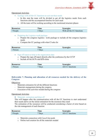 COCA-COLA ANNUAL CONGRESS 2014
30
Operational Activities
 Synergy with all the CC functions to sort out their needs
o In this step the team will be divided to get all the logistics needs from each
functions and the accompanied timeline for each need
o All the team will be working according to the mentioned structure phases
Resources Time Synergies
7 People 3 Days With all the CC functions
 Preparing the Logistics work package
o Prepare the congress logistics work package to include all the congress logistics
needs
o Compare the CC package with what CI asks for
Resources Time Synergies
1 Person 7 Days
 Sign off report to help in the organization data
o Prepare the sign off report directly after the conference by the CCVP
o Include all the GCPs and KPIs done
Resources Time Synergies
1 Person 7 Days All CC functions
Deliverable 7: Planning and allocation of all resources needed for the delivery of the
Congress
Objectives
- Materials estimation for all the different functions
- Materials management during the congress
- Execution of the activities needed during the congress
Operational Activities
 Materials estimation and drop off
This will happen after the communication with all the CC functions to start understand
their needs and to set the initial estimation for the resources they need
The estimation of the resources will be conducted considering a factor of error based on
the risk management of each function
Resources Time Synergies
3 People 7 Days All CC functions
o Materials connection with Coca-Cola needs
o Online tool creation for all the materials needed
 