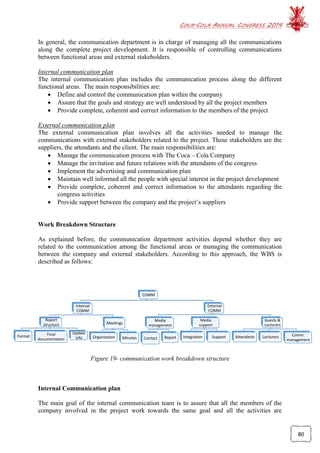 COCA-COLA ANNUAL CONGRESS 2014
80
In general, the communication department is in charge of managing all the communications
along the complete project development. It is responsible of controlling communications
between functional areas and external stakeholders.
Internal communication plan
The internal communication plan includes the communication process along the different
functional areas. The main responsibilities are:
 Define and control the communication plan within the company
 Assure that the goals and strategy are well understood by all the project members
 Provide complete, coherent and correct information to the members of the project
External communication plan
The external communication plan involves all the activities needed to manage the
communications with external stakeholders related to the project. These stakeholders are the
suppliers, the attendants and the client. The main responsibilities are:
 Manage the communication process with The Coca – Cola Company
 Manage the invitation and future relations with the attendants of the congress
 Implement the advertising and communication plan
 Maintain well informed all the people with special interest in the project development
 Provide complete, coherent and correct information to the attendants regarding the
congress activities
 Provide support between the company and the project’s suppliers
Work Breakdown Structure
As explained before, the communication department activities depend whether they are
related to the communication among the functional areas or managing the communication
between the company and external stakeholders. According to this approach, the WBS is
described as follows:
Figure 19- communication work breakdown structure
Internal Communication plan
The main goal of the internal communication team is to assure that all the members of the
company involved in the project work towards the same goal and all the activities are
COMM
Internal
COMM
Report
structure
Format Final
documentation
Update
info
Meetings
Organization Minutes
External
COMM
Media
management
Contact Report
Media
support
Integration Support
Guests &
Lecturers
Attendants Lecturers Comm.
management
 