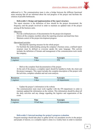 COCA-COLA ANNUAL CONGRESS 2014
81
addressed to it. The communication team is also a bridge between the different functional
areas assuring that all are informed about the real progress of the project and facilitate the
solution of possible bottlenecks.
- Deliverable 1: Design and implementation of the report structure
The report structure is the definition of how should be the project documented, the
frequency and the people involved in order to maintain an updated state of the project
among all the business units.
Objectives
- Provide a defined process of documentation for the project development
- Inform all the company members about the reporting structure and dead time lines
- Maintain control of the project development progress
Operational activities
- Develop the reporting structure for the whole project
For facilitate the understanding among the company’s business areas, a defined report
structure must be defined so everyone speaks the same language. This activity
includes the definition of formats and management of the communication tools inside
the company.
Resources Time Synergies
1 engineer 2 days ITS
- Deliver the complete final documentation of the project
At the end of the project, a complete report should be handled to both, the client and
the project managers. This report includes the complete description of the project with
the activities, complete schedule and real costs analysis.
Resources Time Synergies
1 engineer 2 days All departments
- Update the project’s information in the website
The communication team must work together with the ITS department in order to
maintain updated the information on the website. This information should be about all
the daily activities and any change regarding the logistics and organization of the
event.
Resources Time Synergies
1 engineer 10 half days All departments
Deliverable 2: Internal meetings for project’s progress evaluation
Frequent meetings should take place to gather all the vice presidents involve in the project
and people of interest, so a complete report is done in a weekly basis in order to maintain
 
