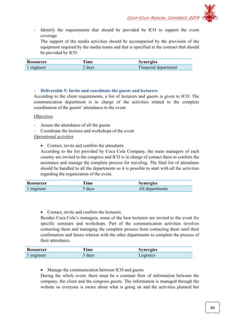 COCA-COLA ANNUAL CONGRESS 2014
84
- Identify the requirements that should be provided be ICO to support the event
coverage
The support of the media activities should be accompanied by the provision of the
equipment required by the media teams and that is specified in the contract that should
be provided by ICO.
Resources Time Synergies
1 engineer 2 days Financial department
- Deliverable 5: Invite and coordinate the guests and lecturers
According to the client requirements, a list of lecturers and guests is given to ICO. The
communication department is in charge of the activities related to the complete
coordination of the guests’ attendance to the event.
Objectives
- Assure the attendance of all the guests
- Coordinate the lectures and workshops of the event
Operational activities
 Contact, invite and confirm the attendants
According to the list provided by Coca Cola Company, the main managers of each
country are invited to the congress and ICO is in charge of contact them to confirm the
assistance and manage the complete process for traveling. The final list of attendants
should be handled to all the departments so it is possible to start with all the activities
regarding the organization of the event.
Resources Time Synergies
1 engineer 5 days All departments
 Contact, invite and confirm the lecturers
Besides Coca Cola’s managers, some of the best lecturers are invited to the event for
specific seminars and workshops. Part of the communication activities involves
contacting them and managing the complete process from contacting them until their
confirmation and future relation with the other departments to complete the process of
their attendance.
Resources Time Synergies
1 engineer 3 days Logistics
 Manage the communication between ICO and guests
During the whole event, there must be a constant flow of information between the
company, the client and the congress guests. The information is managed through the
website so everyone is aware about what is going on and the activities planned but
 