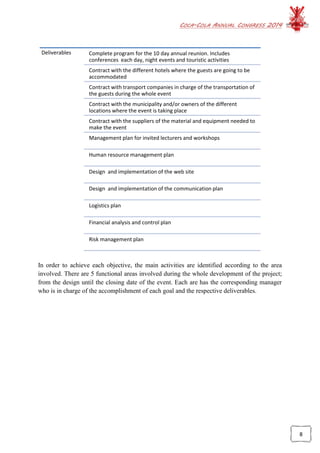 COCA-COLA ANNUAL CONGRESS 2014
8
In order to achieve each objective, the main activities are identified according to the area
involved. There are 5 functional areas involved during the whole development of the project;
from the design until the closing date of the event. Each are has the corresponding manager
who is in charge of the accomplishment of each goal and the respective deliverables.
Deliverables Complete program for the 10 day annual reunion. Includes
conferences each day, night events and touristic activities
Contract with the different hotels where the guests are going to be
accommodated
Contract with transport companies in charge of the transportation of
the guests during the whole event
Contract with the municipality and/or owners of the different
locations where the event is taking place
Contract with the suppliers of the material and equipment needed to
make the event
Management plan for invited lecturers and workshops
Human resource management plan
Design and implementation of the web site
Design and implementation of the communication plan
Logistics plan
Financial analysis and control plan
Risk management plan
 