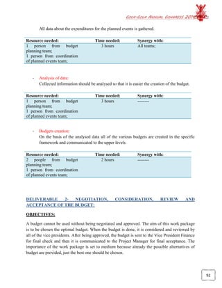 COCA-COLA ANNUAL CONGRESS 2014
92
All data about the expenditures for the planned events is gathered.
Resource needed: Time needed: Synergy with:
1 person from budget
planning team;
1 person from coordination
of planned events team;
3 hours All teams;
- Analysis of data:
Collected information should be analysed so that it is easier the creation of the budget.
Resource needed: Time needed: Synergy with:
1 person from budget
planning team;
1 person from coordination
of planned events team;
3 hours --------
- Budgets creation:
On the basis of the analysed data all of the various budgets are created in the specific
framework and communicated to the upper levels.
Resource needed: Time needed: Synergy with:
2 people from budget
planning team;
1 person from coordination
of planned events team;
2 hours --------
DELIVERABLE 2- NEGOTIATION, CONSIDERATION, REVIEW AND
ACCEPTANCE OF THE BUDGET:
OBJECTIVES:
A budget cannot be used without being negotiated and approved. The aim of this work package
is to be chosen the optimal budget. When the budget is done, it is considered and reviewed by
all of the vice presidents. After being approved, the budget is sent to the Vice President Finance
for final check and then it is communicated to the Project Manager for final acceptance. The
importance of the work package is set to medium because already the possible alternatives of
budget are provided, just the best one should be chosen.
 
