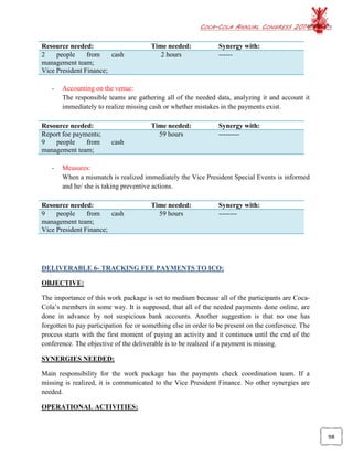 COCA-COLA ANNUAL CONGRESS 2014
98
Resource needed: Time needed: Synergy with:
2 people from cash
management team;
Vice President Finance;
2 hours ------
- Accounting on the venue:
The responsible teams are gathering all of the needed data, analyzing it and account it
immediately to realize missing cash or whether mistakes in the payments exist.
Resource needed: Time needed: Synergy with:
Report foe payments;
9 people from cash
management team;
59 hours ---------
- Measures:
When a mismatch is realized immediately the Vice President Special Events is informed
and he/ she is taking preventive actions.
Resource needed: Time needed: Synergy with:
9 people from cash
management team;
Vice President Finance;
59 hours --------
DELIVERABLE 6- TRACKING FEE PAYMENTS TO ICO:
OBJECTIVE:
The importance of this work package is set to medium because all of the participants are Coca-
Cola’s members in some way. It is supposed, that all of the needed payments done online, are
done in advance by not suspicious bank accounts. Another suggestion is that no one has
forgotten to pay participation fee or something else in order to be present on the conference. The
process starts with the first moment of paying an activity and it continues until the end of the
conference. The objective of the deliverable is to be realized if a payment is missing.
SYNERGIES NEEDED:
Main responsibility for the work package has the payments check coordination team. If a
missing is realized, it is communicated to the Vice President Finance. No other synergies are
needed.
OPERATIONAL ACTIVITIES:
 